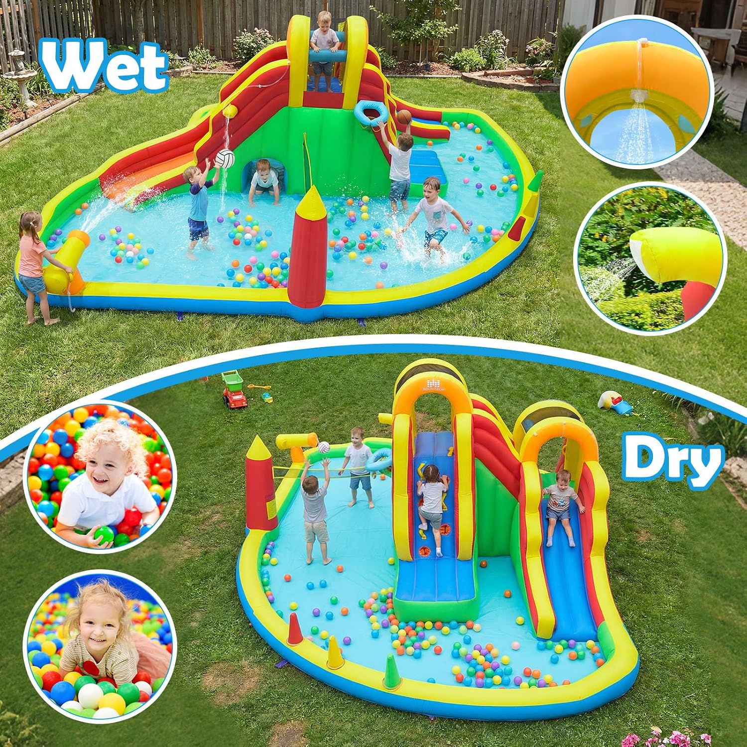 BOUNTECH Inflatable Water Slide Park, 12 in 1 Kids Mega Water Bounce House with Large Deep Pool, 2 Long Slides, Bouncy Castle with Blower, Blow up Water Slides for Big Kids 3-12 Backyard Outdoor