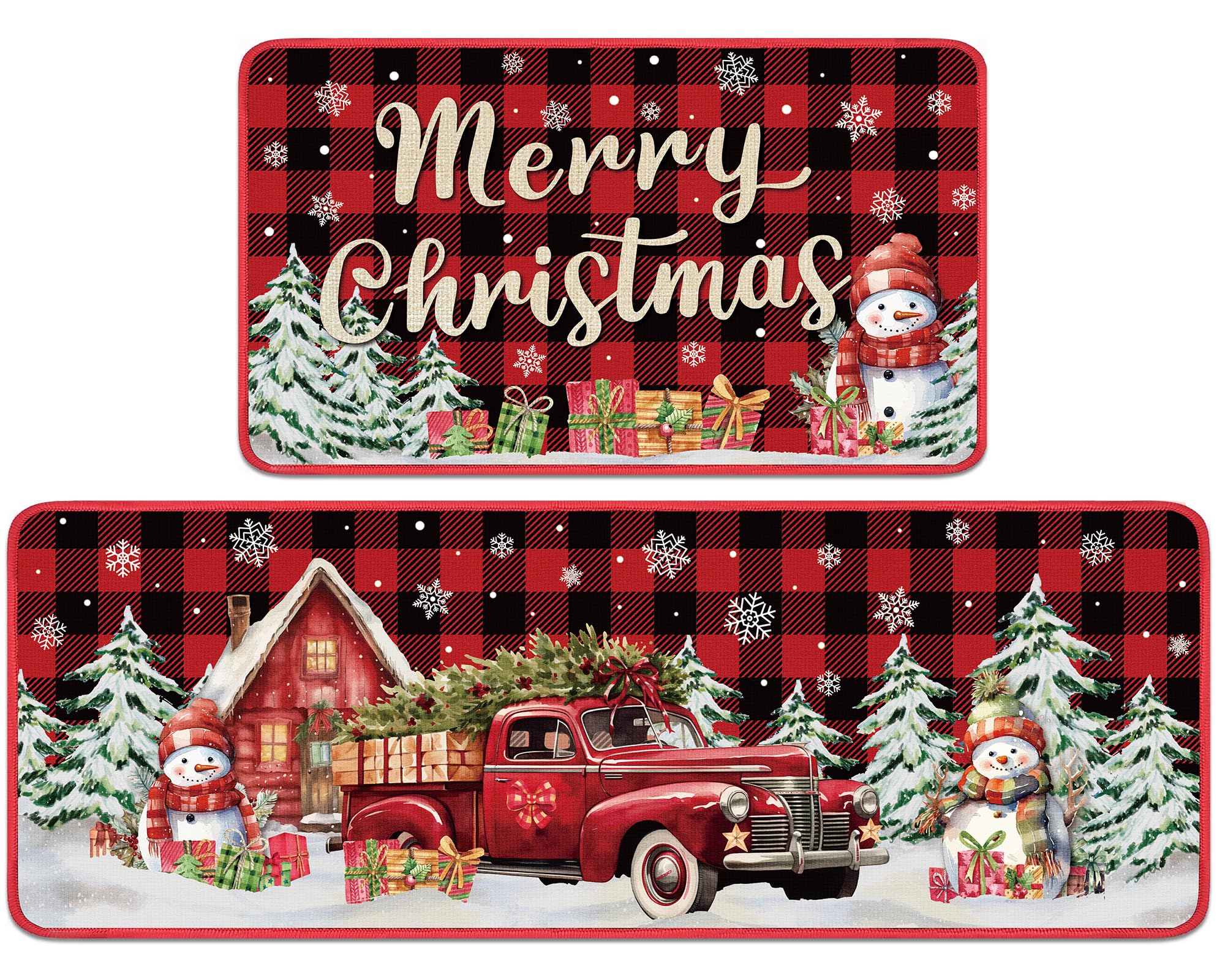 Lot de 2 tapis de cuisine de Noël antidérapants rouge et noir