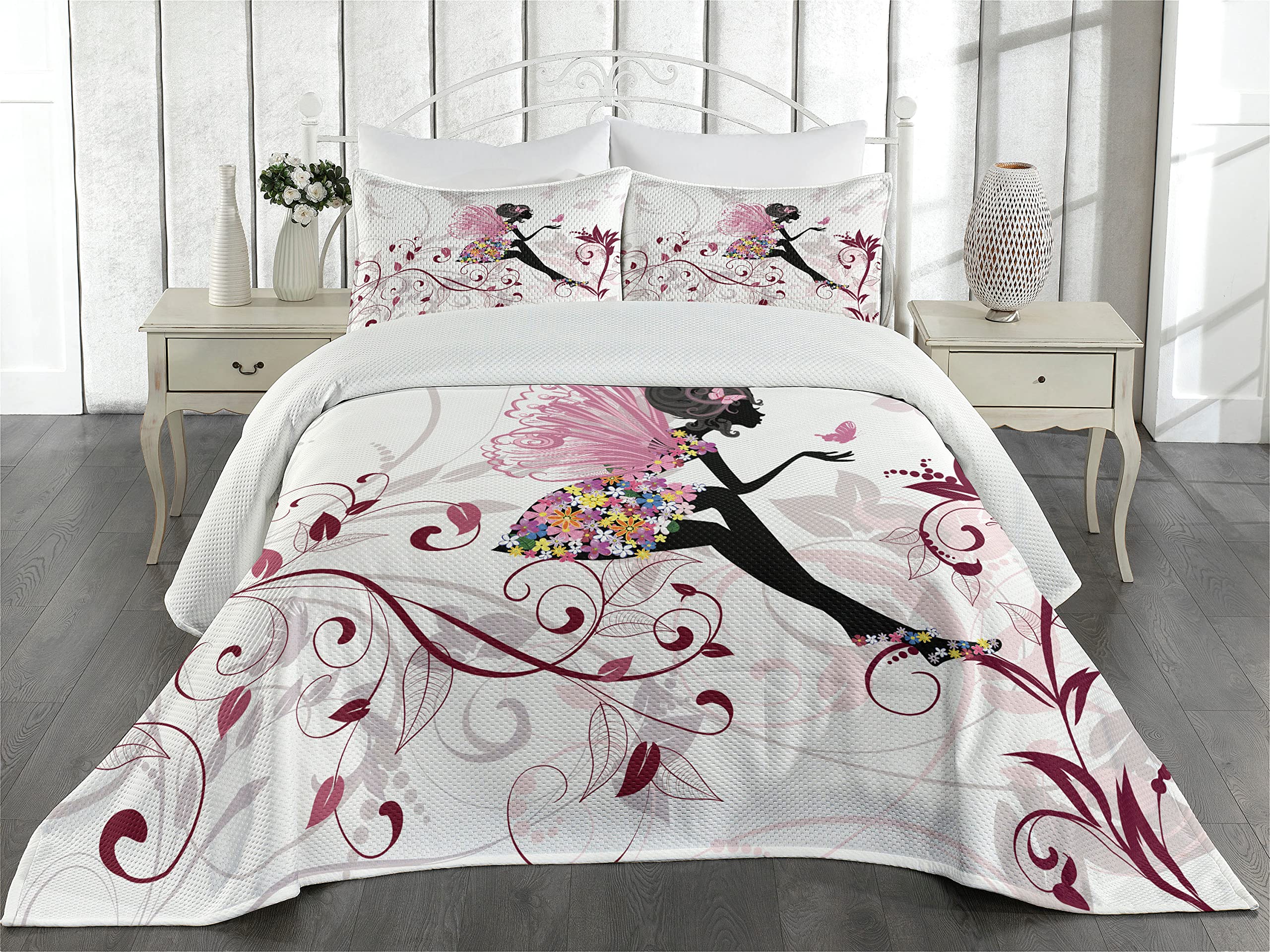 Ambesonne Cartoon Coverlet, Flower Butterflies Wings Branches Ornaments Floral Spring Forest, 2 Piece Decorative Quilted Bedspread Set with 1 Pillow Sham, Twin Size, Maroon Black Pink