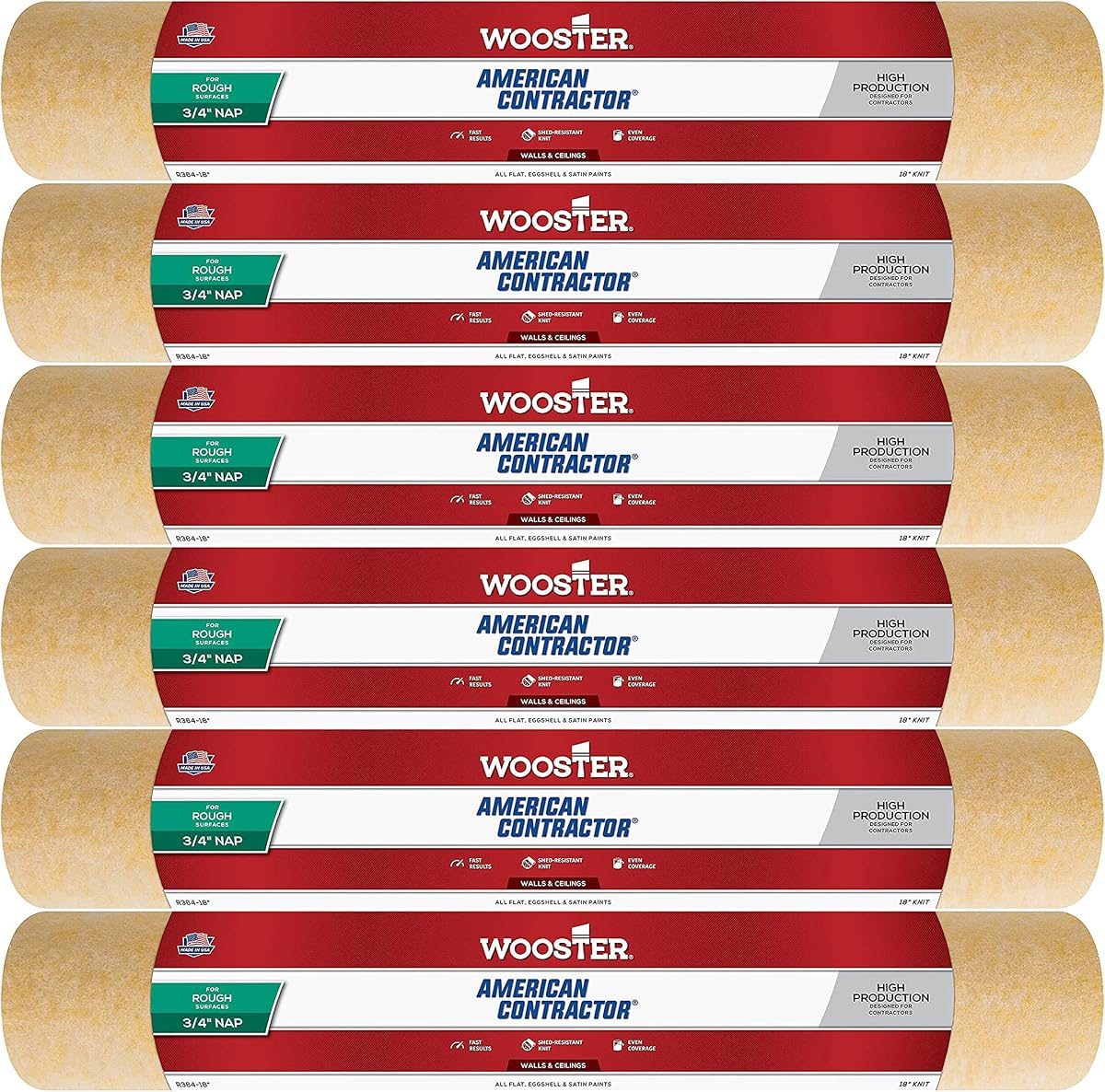 Wooster Brush R364 18 inch American Contractor 3/4 inch Nap Paint Roller - Pack of 6