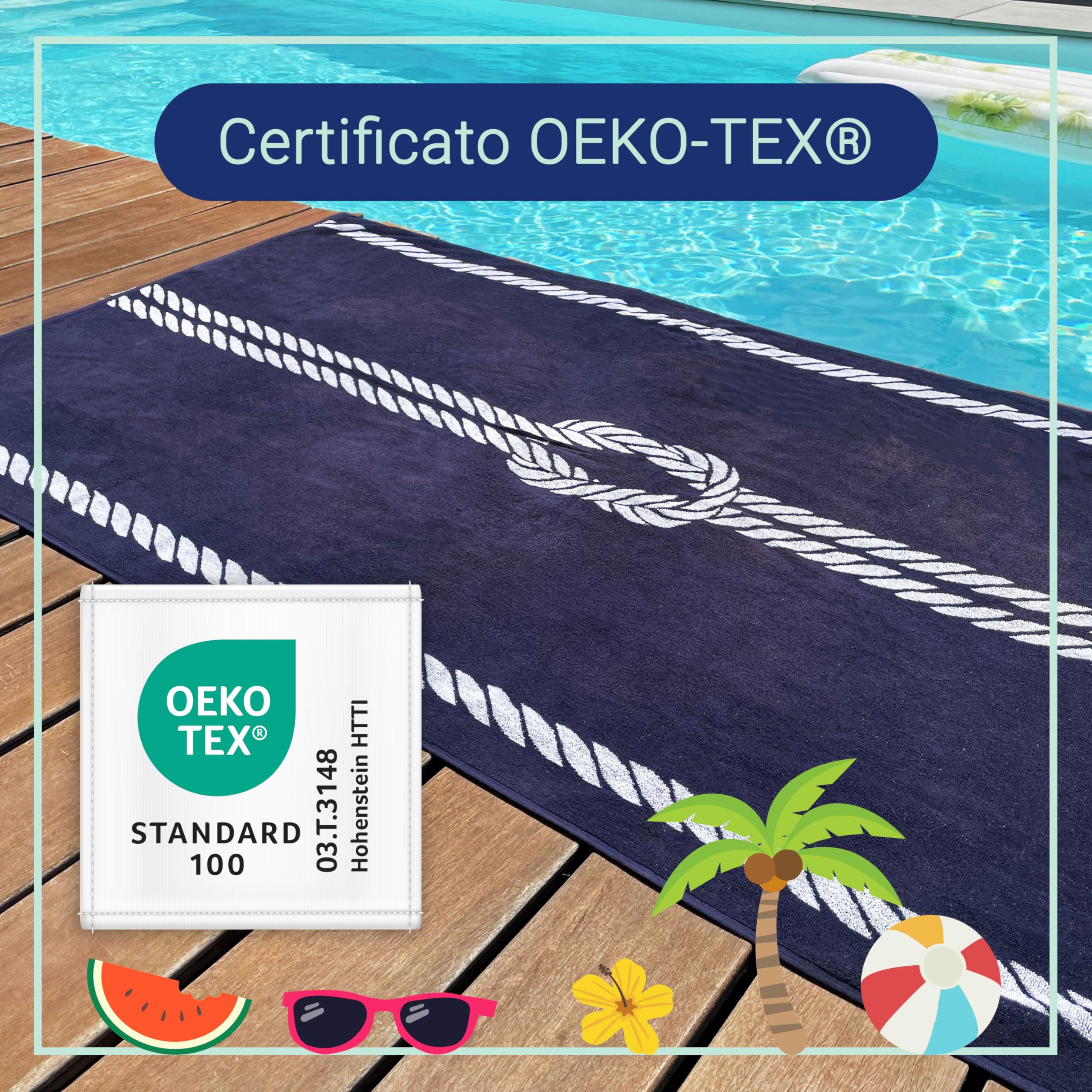 ZOLLNER Telo mare 100x200 cm - asciugamano da spiaggia assorbente e resistente - lavabile a 60°C - Cotone - Design blu con nodo marino e corda bianco - Certificato Oeko Tex (R)