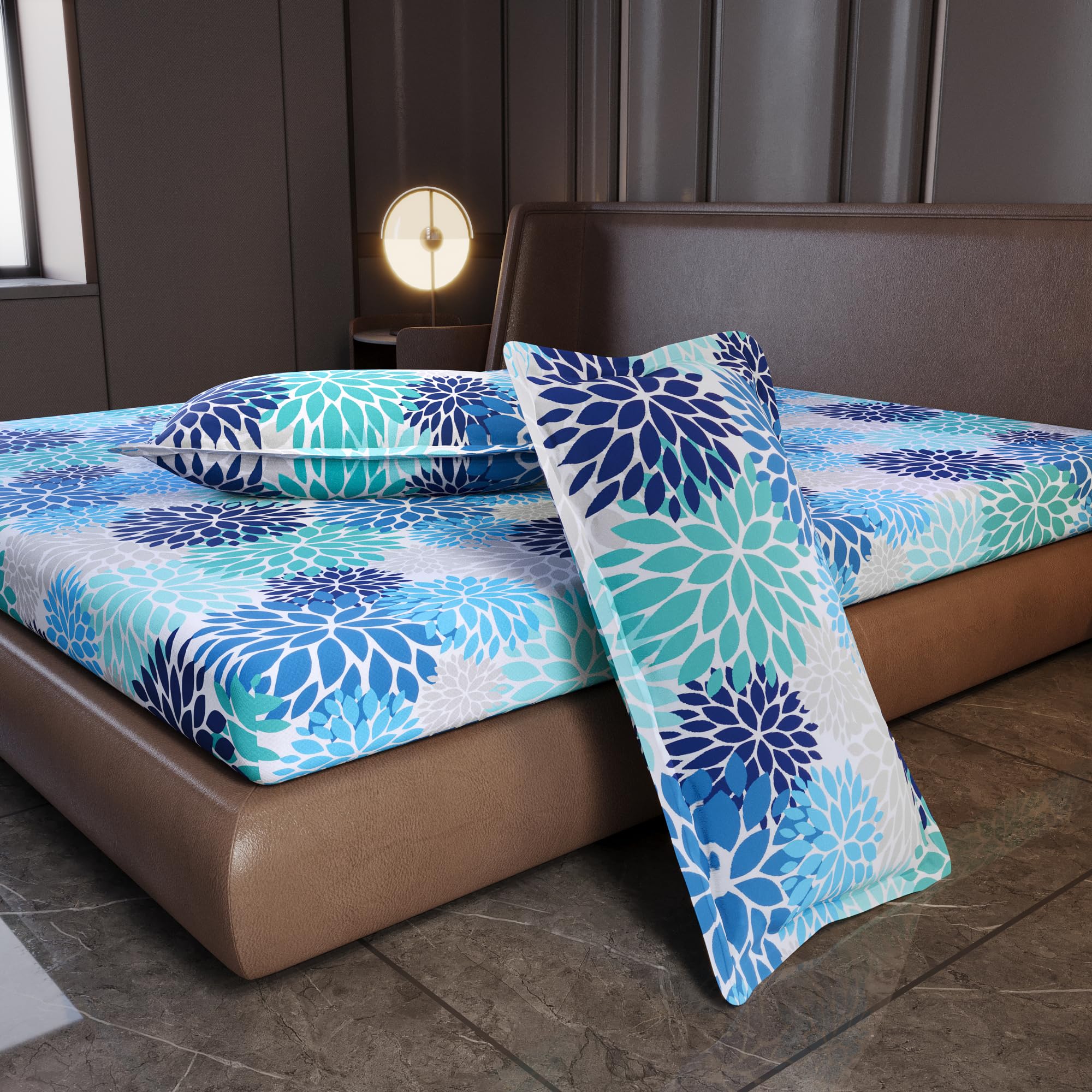 Divine Casa 100% Cotton 144 TC Bedsheet for Double Bed King Size Bedsheet with 2 Pillow Covers (Size:270 X 270 cm, Blue, Floral)-image-40