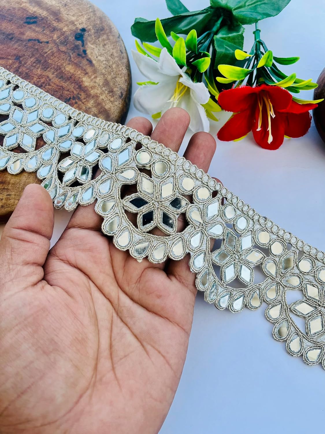 Decorative Mirror Work Lace Trim, Silver Metallic Embroidered Border, Scalloped Design, 2.5 Inch Wide, Traditional Wedding Crafts Ribbon, Available in 1, 3 and 6 Yard (1)