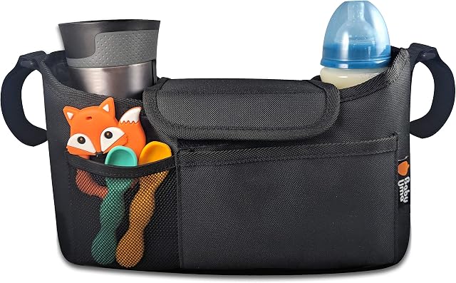 Buggy Organiser for Stroller, Pram & Pushchair - Keep All Your Essentials at Your Fingertips, Pram Handlebar Bag with Cup Holders. Universal Fit - Black