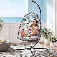 Vista 10 de NICESOUL Acogedora silla colgante con soporte para interiores y exteriores, silla columpio de mimbre para patio con cojín y patas doradas, 350