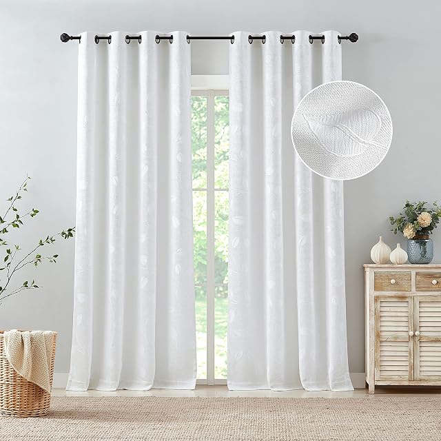 WEST LAKE White Leaf Jacquard Curtain 2 Panels Farmhouse Drapes Heavy Linen Textured Light Filtering Branches Pattern Grommet Top Window Treatment for Living Room/Bedroom,50"x72"x2