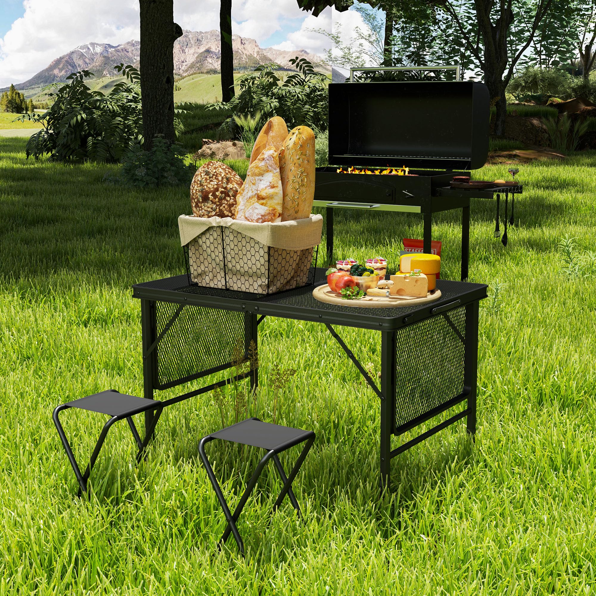 Outsunny Mesa Plegable Camping de Aluminio 137x62x67 cm con Laterales Abatibles y Altura Ajustable Mesa Plegable Portátil Ligera con Encimera Metálica de Rejilla para Acampar Senderismo Playa Negro