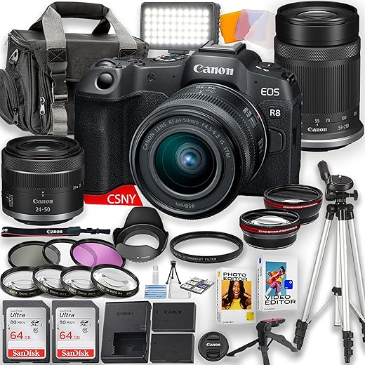 Canon EOS R8 Mirrorless Camera with RF 24-50mm f/4.5-6.3 is STM Lens and RF-S 55-210mm is STM Lens + LED Video Light, 2pc 64GB Memory Cards, Wideangle and Telephoto Lens, Tripod, Case, Filters & More
