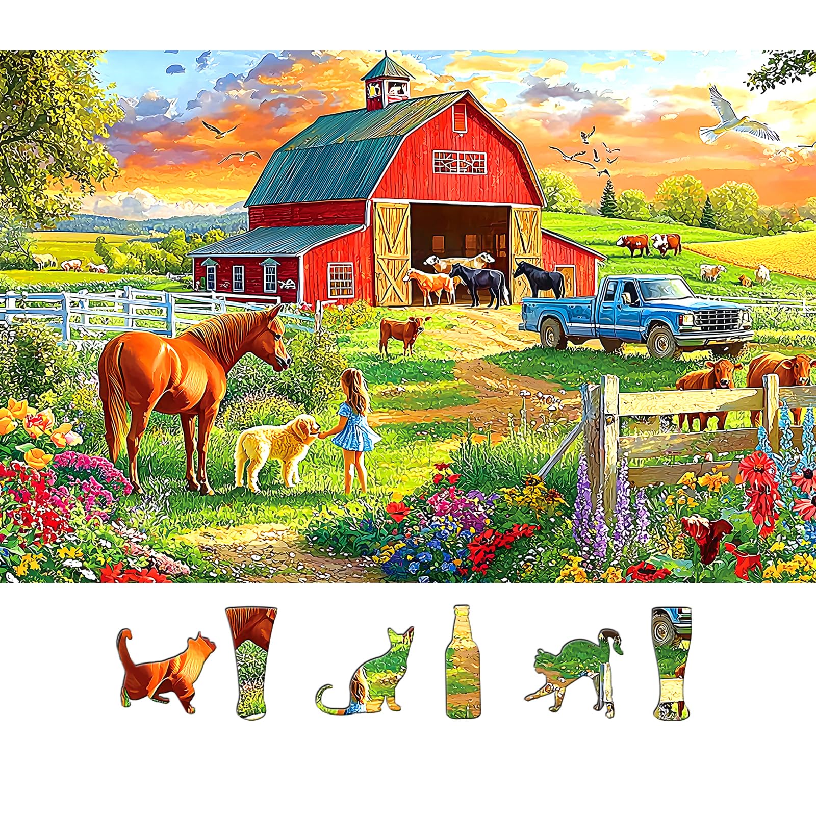 Country Farm Life 500 Piece Adult Jigsaw Puzzle Red Barn &amp; Horse Sunset Countryside Landscape Puzzle with Letters on Back Family Challenge Games Gift for Adults and Seniors(23x15 Inch)