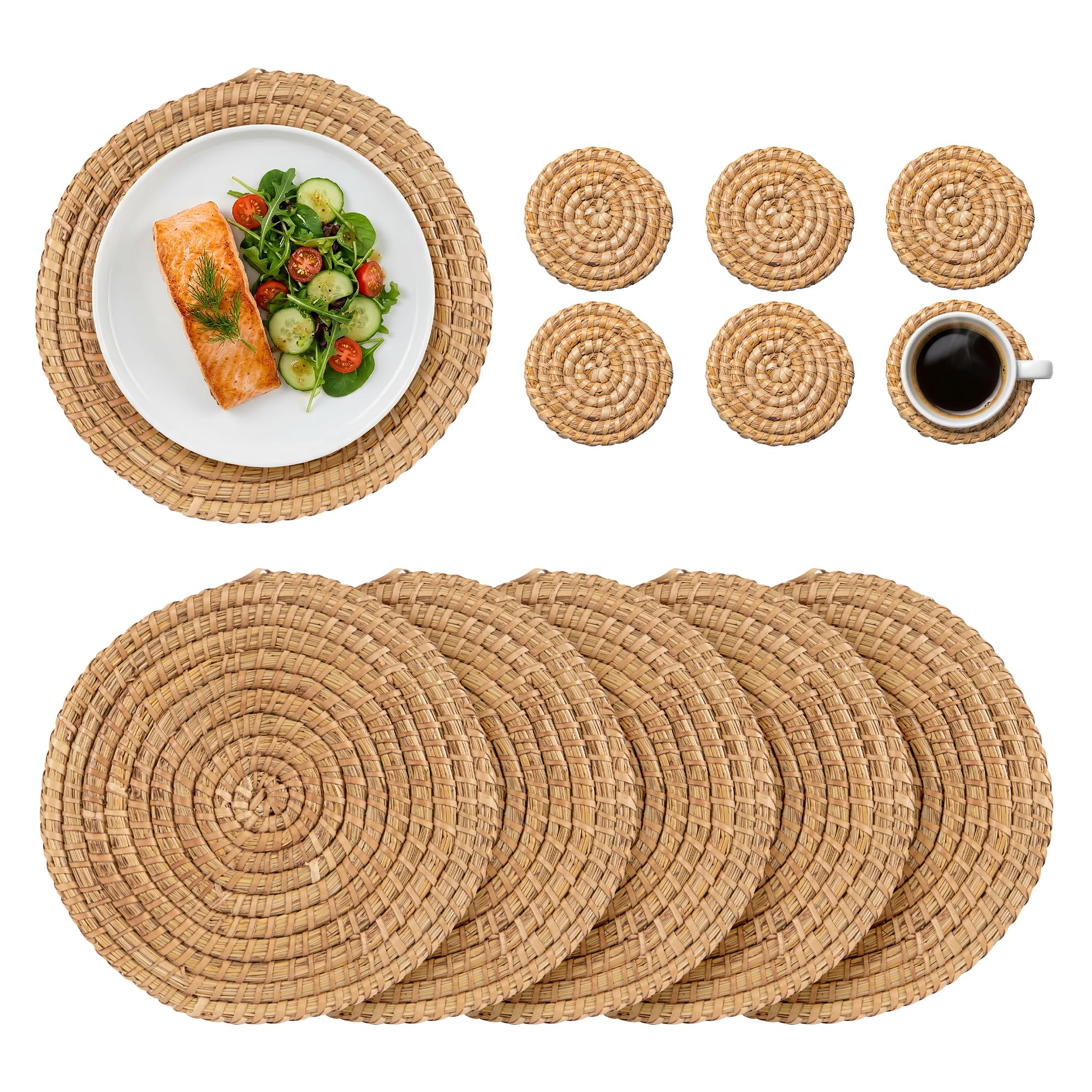 Argon Tableware Round Placemats & Coasters - 12pc - Woven Palm Leaf Kitchen Dining Table Mats Bar Drinks Coaster Protector Place Mats for Home, Restaurant Catering