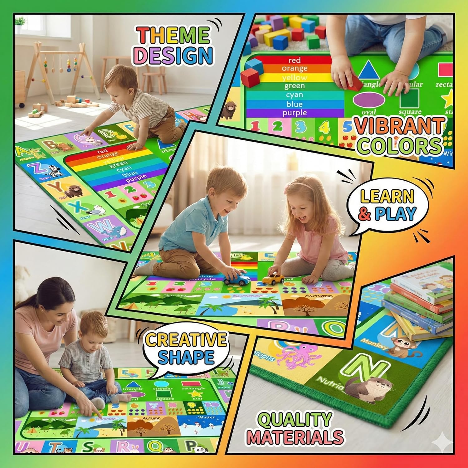 3x5ft Kids Educational Rug, Non-Slip Machine Washable ABC Alphabet Mat & Learning Carpet for Playroom Bedroom, Nursery Floor Play Mat with Numbers, Animals & Seasons, Preschool Classroom Rugs