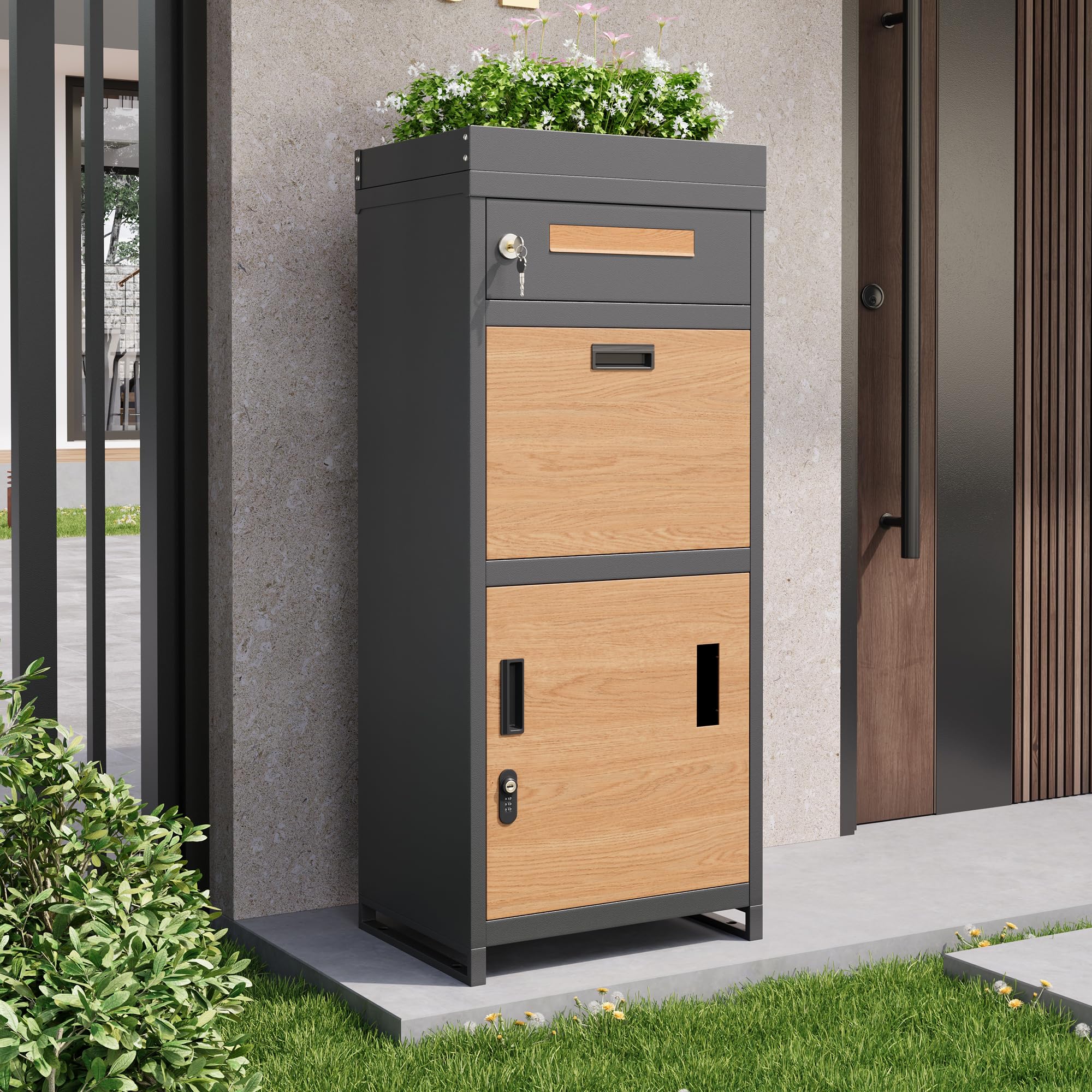 Modernluxe Lockable Letter Box And Parcel Mailbox, Outdoor Mailbox With Combination Lock, Integrated Flower Bed, Secure Mail And Parcel Storage Cabinet