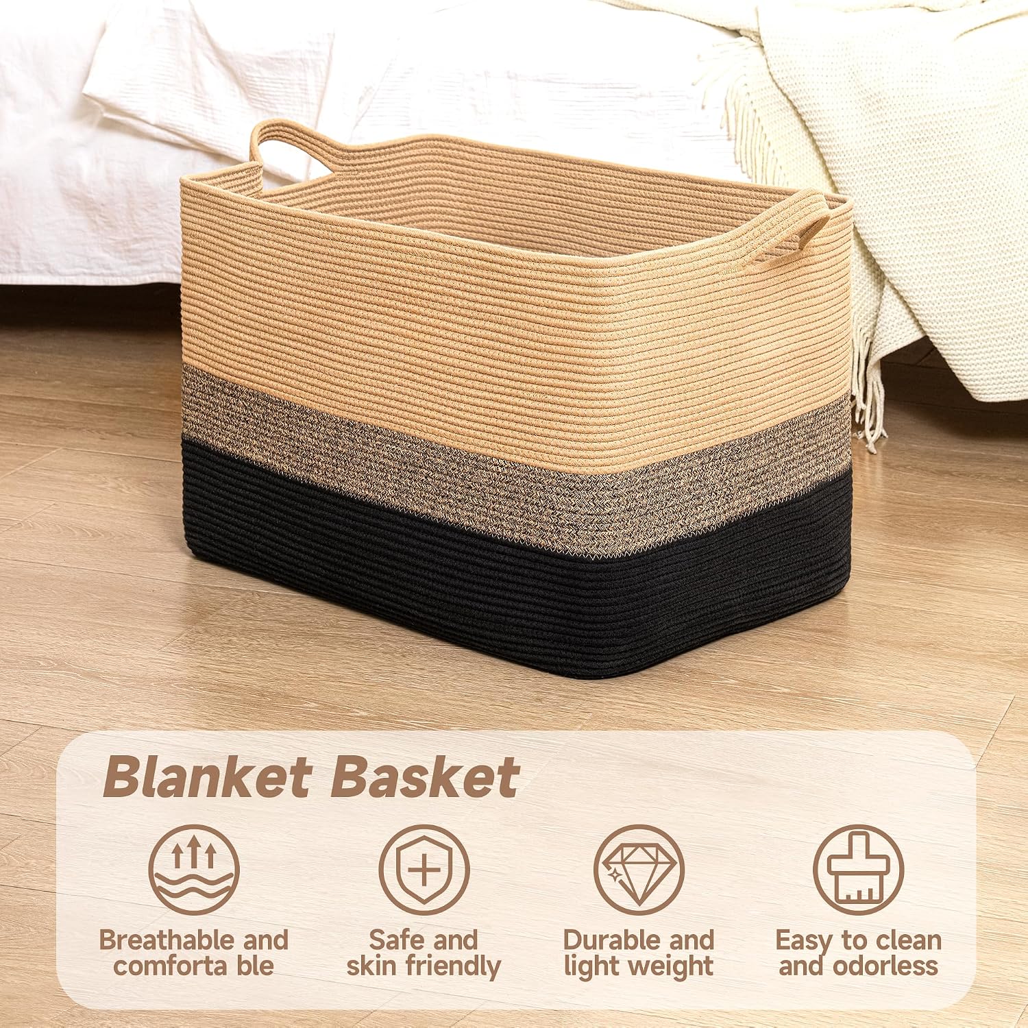 CLHMILY&Z Stylish Square Cotton Rope Storage Basket (Black & Camel, 85L)