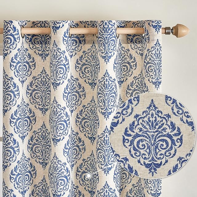 MIULEE Damask Printed Curtains Vintage Linen Textured Room Darkening Drapes Floral Pattern Window Treatments Shading with Grommets for Living Room Bedroom Cafe 2 Panels, 117x137cm/46x54 Inch Blue
