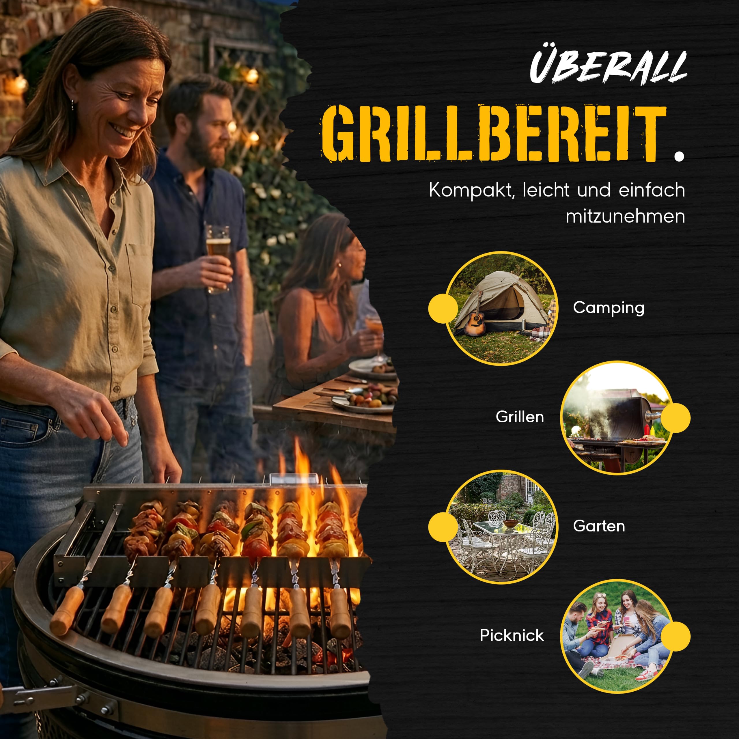 Elektrischer Spießdreher BBQ Rotisserie Set mit regulierbaren Motor – Edelstahl Grillaufsatz für Gas-, Holzkohle- & Elektrogrill – verstellbar, breit 58 cm – 220V + USB (Ohne 11 Spießen)