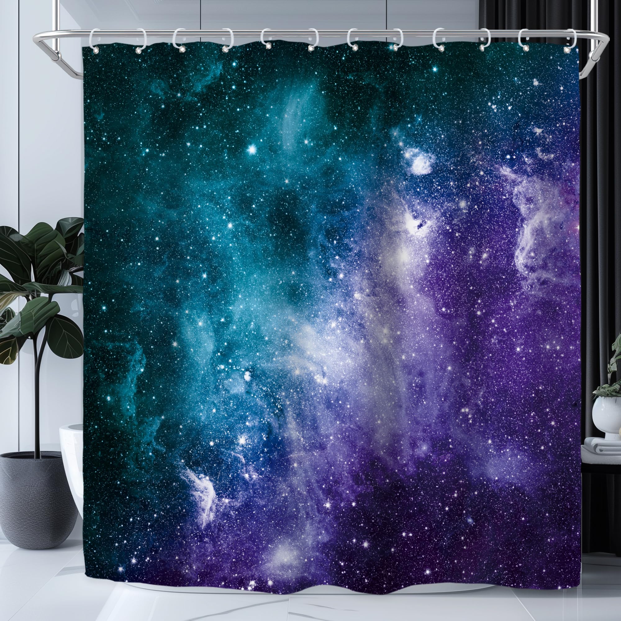 Riyidecor Galaxy Star Outer Space Shower Curtain for Bathroom Decor 72Wx72H Boys Kids Starry Nebula Universe Planet Magical Fantasy Cool Art Printed Fabric Polyester Waterproof 12 Pack Plastic Hooks