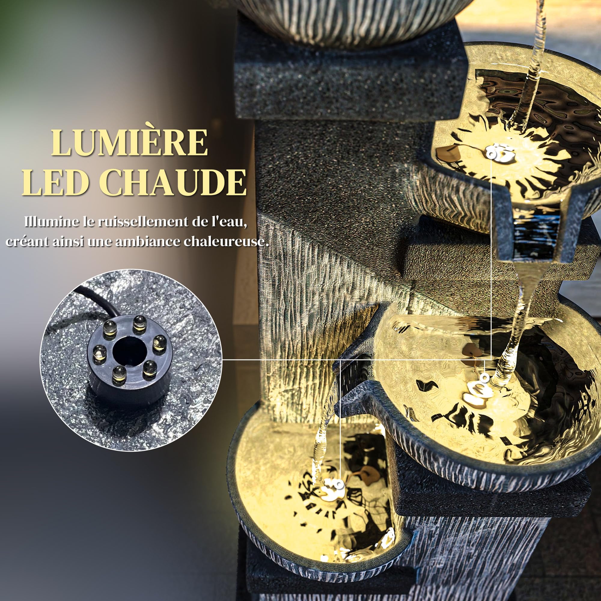 Outsunny Fontaine de Jardin Cascade Fontaine d'eau extérieure 4 Niveaux avec lumières LED, Pompe à Eau, en résine, 38 x 36 x 85 cm, Gris