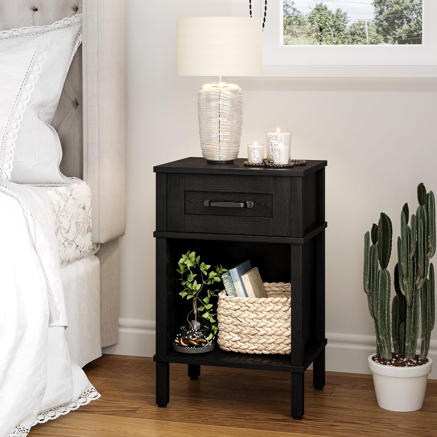 Farmhouse Nightstand with Drawer, Small Wood Side Table, Wooden Bedroom Nightstand, Wood Night Stand, Black Bedside Table with Storage, Black End Table for Living Room LET512B - Image 4