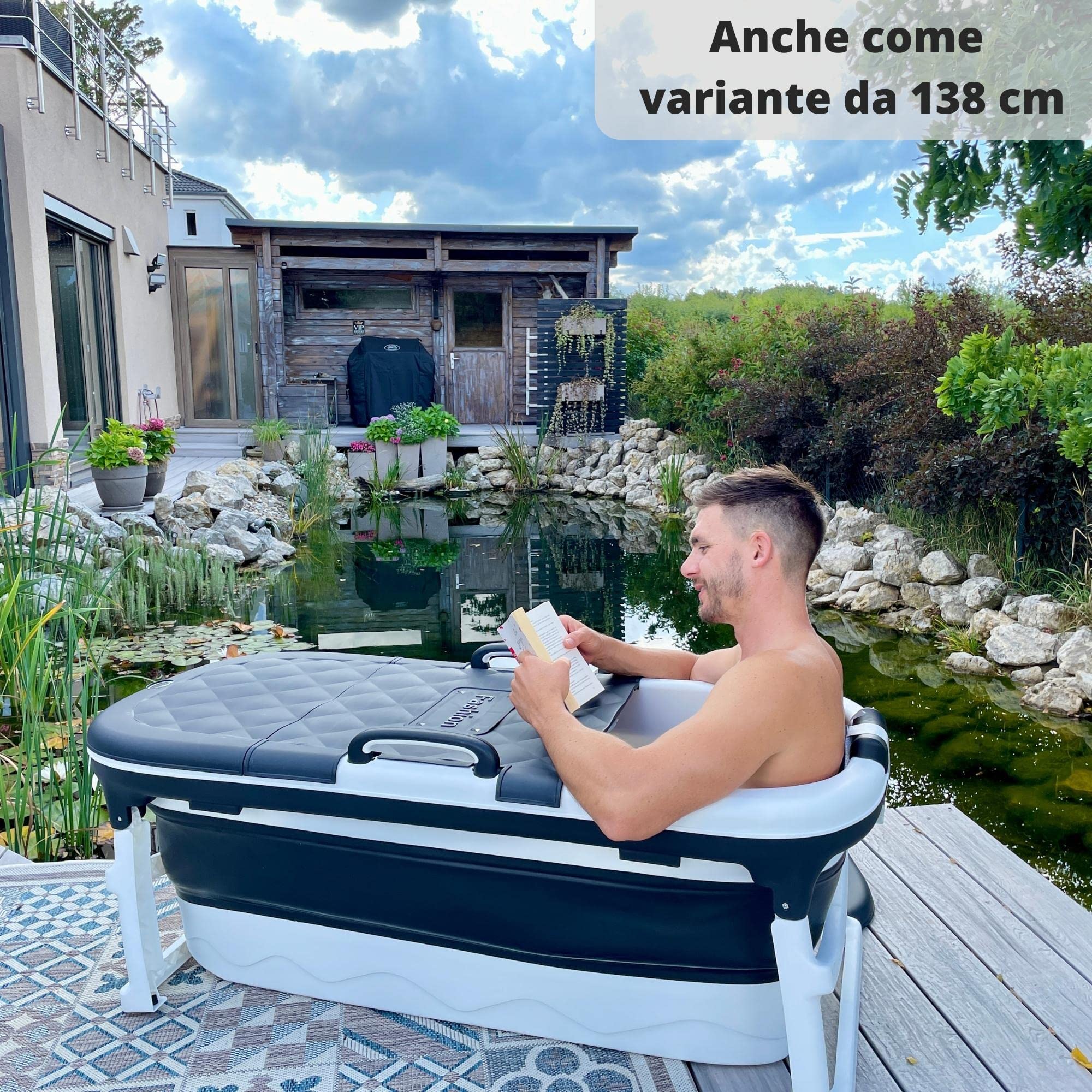 CRS - Vasca da bagno pieghevole per adulti XXL Black Line, 158 x 60 x 53 cm + cuscino per vasca da bagno mobile pieghevole, da appoggiare nella doccia, popolare su YouTube, nero