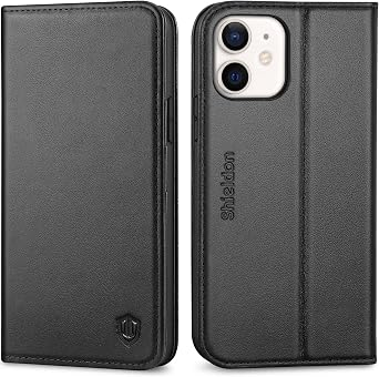 SHIELDON Genuine Leather Wallet Case for iPhone 12/12 Pro 6.1" 2020, Black | Magnetic Closure, RFID Blocking, Credit Card Holder, Kickstand, Folio Design, Shockproof Phone Cover
