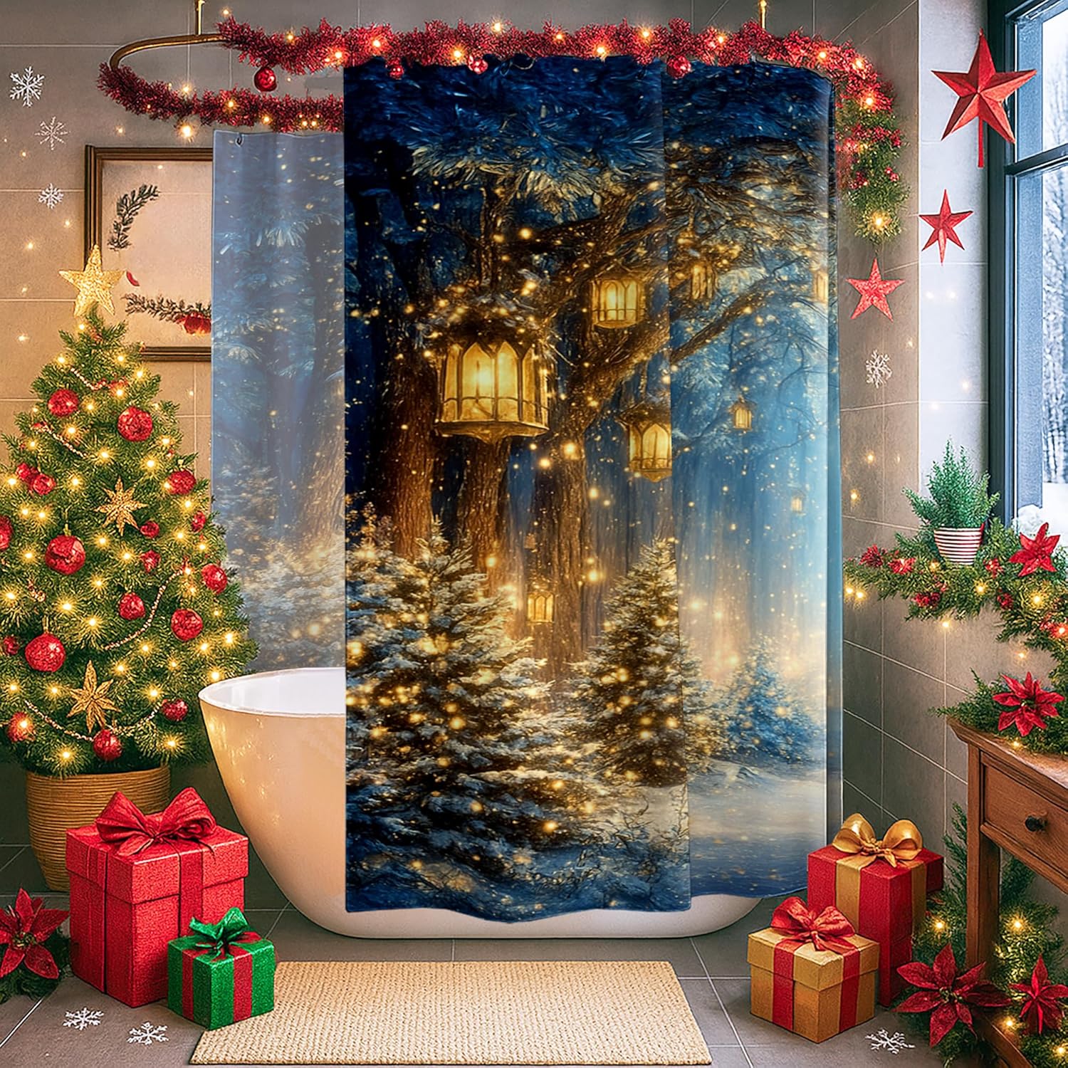Trees Extra Wide Shower Curtain, Winter Scenic Lanterns Snow Winter Blue Waterproof Fabric Toile Cloth Shower Curtains for Bathroom Bathtub Apartment Decor 108x72 Inch