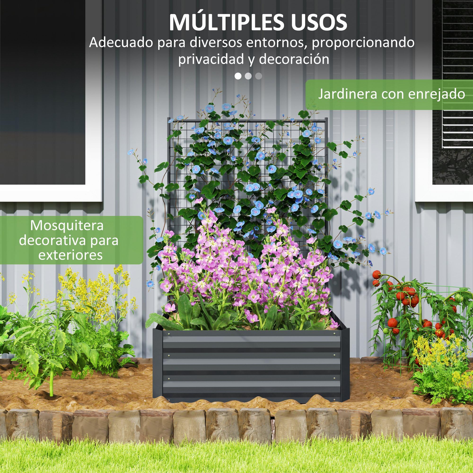 Outsunny Jardinera Exterior Grande de Acero Galvanizado Jardinera de Exterior con Celosía para Plantas Trepadoras y Fondo Abierto para Patio Terraza Balcón 80x115x125 cm Gris Oscuro