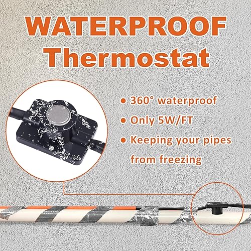 Miniatura 4 de Cinta térmica para tuberías de agua con termostato de 12 pies, protección contra congelación, cable de rastro de calor autorregulable para metal,