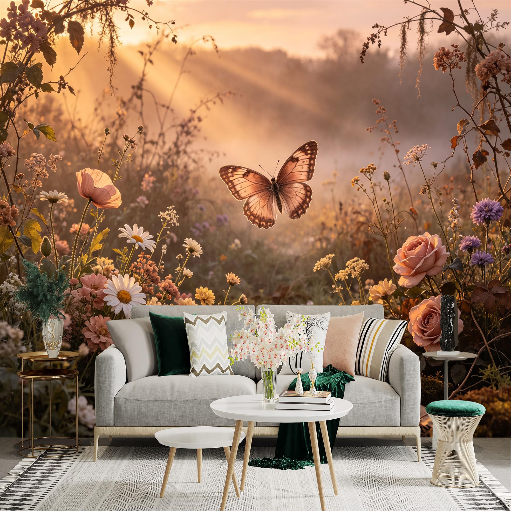 Lnzczhyre Bh260719139 Custom Size Wall Sticker Mural， Flying Butterfly In Morning Meadow， Sunlit Wildflowers， Botanical Landscape， For Wall Decoration， Peelandstick Wall Decals.