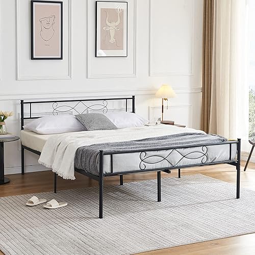 Miniatura 3 de VECELO Base de cama de tamaño matrimonial con plataforma de metal, base de colchón con cabecero, soporte de listones de acero, no necesita somier,
