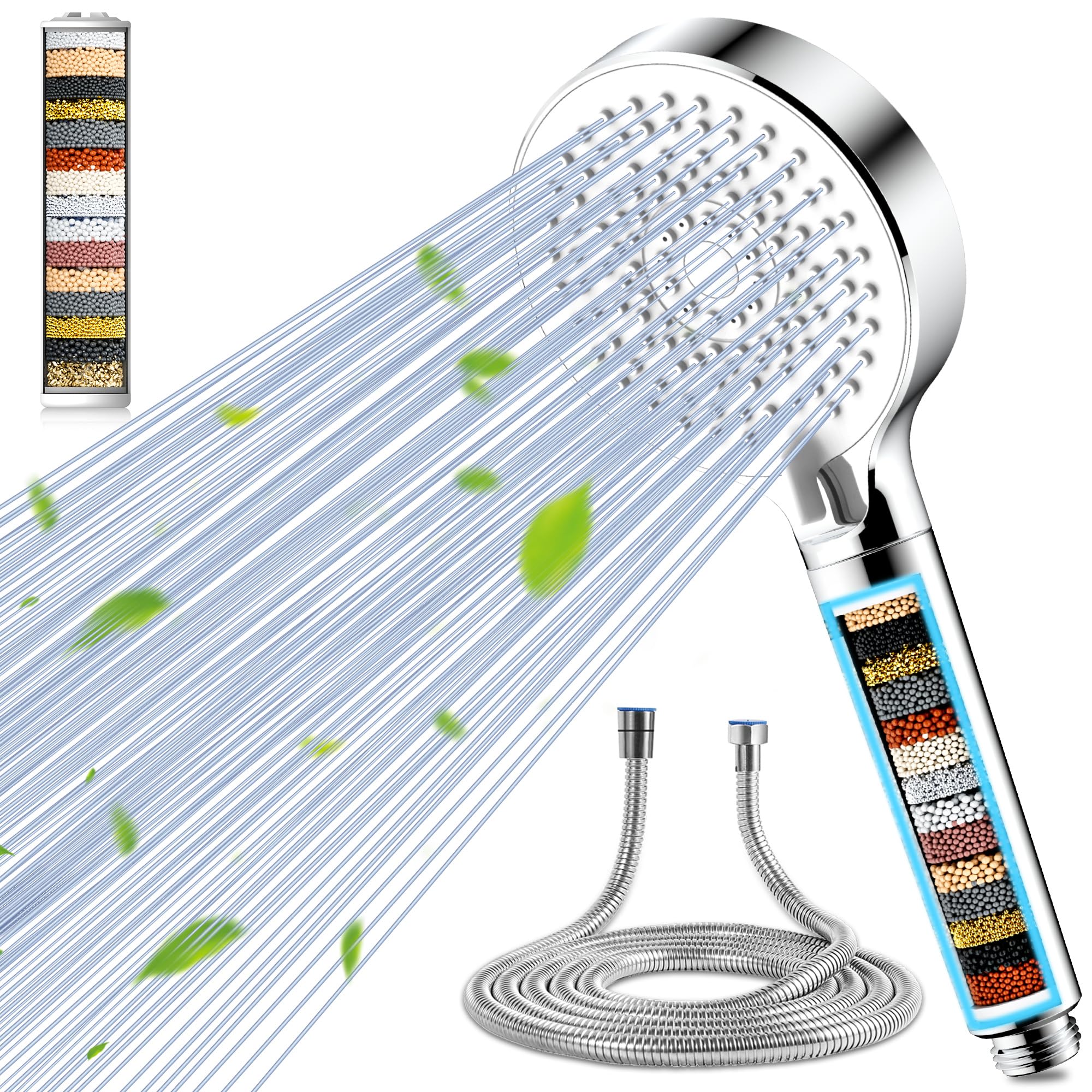 Magichome Pommeau De Douche Filtrante Et Tuyau De 1,5 M, 20 étapes, Pommeau De Douche Haute Pression Avec 5 Modes, Pommeau De Douche Universel à Filtre à Eau Dure Pour éliminer Le