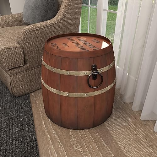 Miniatura 7 de Deco 79 Mesa auxiliar de metal, mesa auxiliar de barril de vino, mesa auxiliar 20 x 20 x 19 pulgadas, marrón