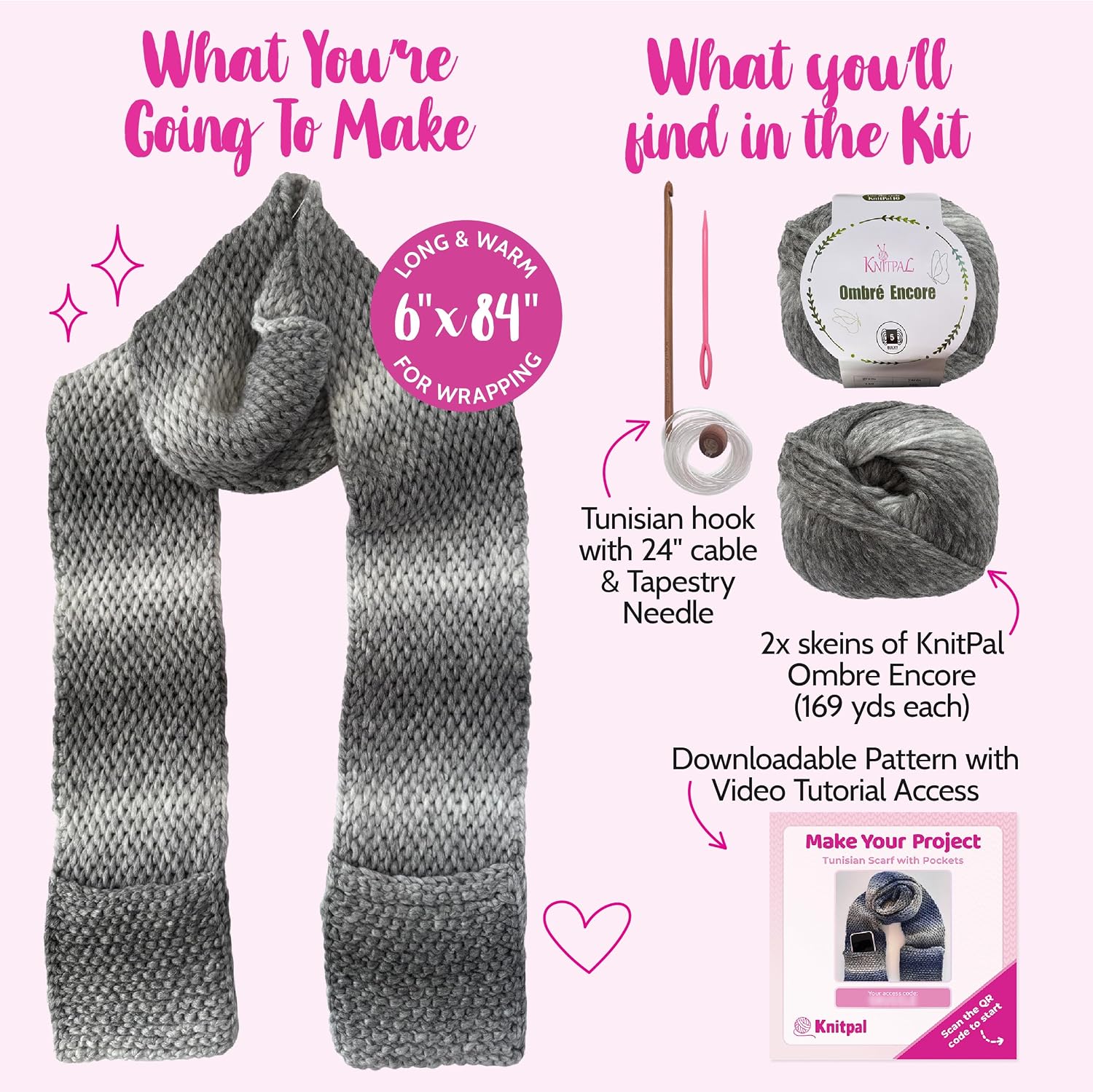 KnitPal Tunisian Scarf with Pockets Kit – 2 Skeins Ombre Encore (#5 Bulky, 100% Acrylic), Tunisian Hook, Pattern & Video – Beginner Tunisian Crochet, 6" x 84" (Gray Wolf)