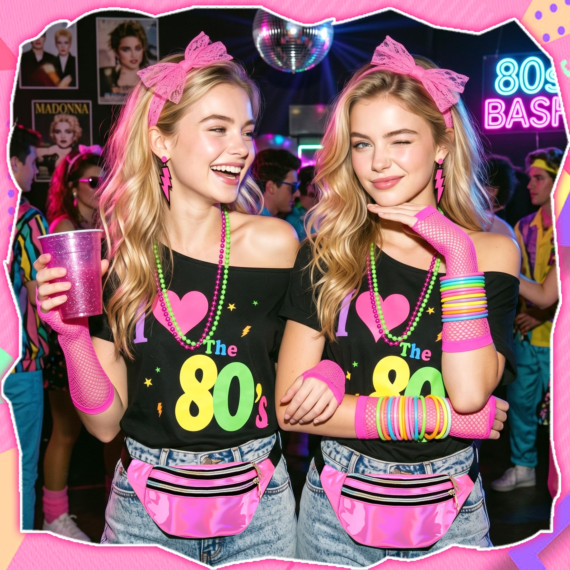 80er Jahre Kostüm Damen Set, 80s Outfit Frauen mit T-Shirt Gürteltasche Beinstulpen Netzhandchuhe Neon Schmuck, 80er Jahre Kleidung für Karneval Fasching Mottoparty Disco