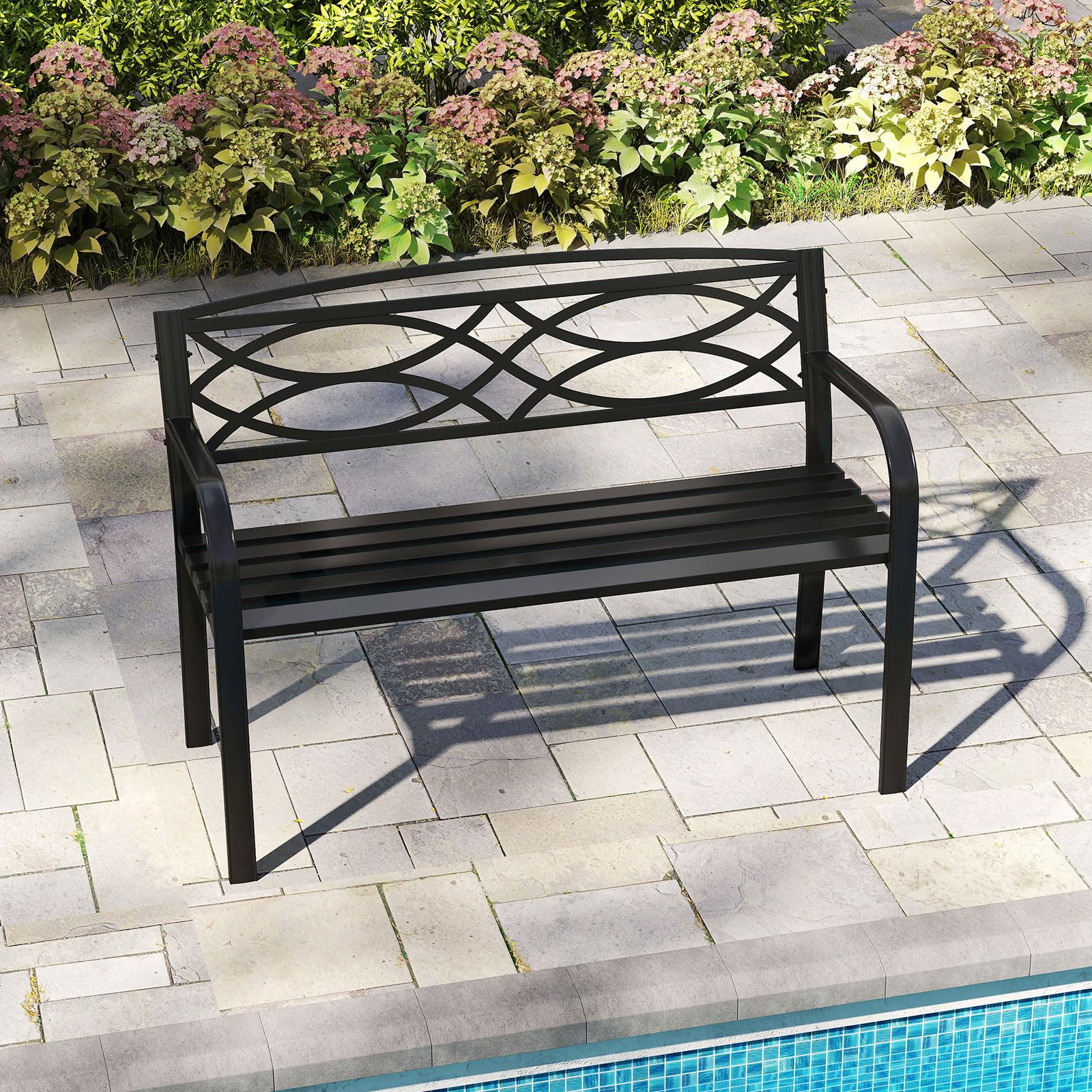 KOMFOTTEU Panca da Esterno in Metallo, Panchina da Giardino 2 Posti con Braccioli, Schienale Ergonomico e Seduta a Doghe, Resistente agli Agenti Atmosferici, Panca da Terrazza, Parco, Cortile, Nero