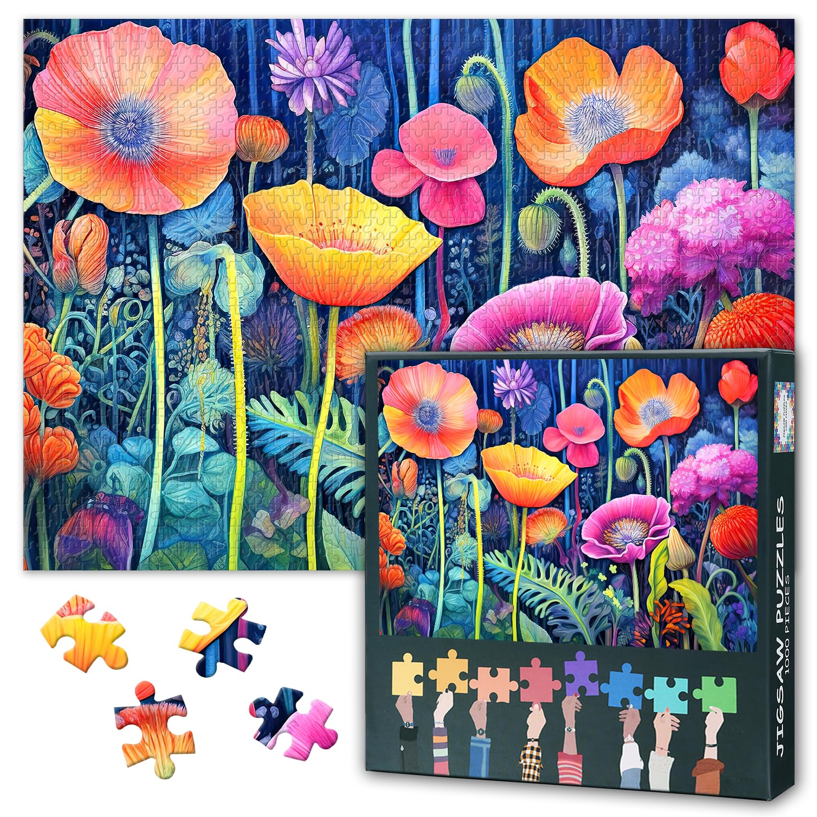 Abstract Flowers 1000-Piece Jigsaw Puzzle, 50x70cm Mindfulness Puzzles for Adults Vintage Art Design with Intricate Details