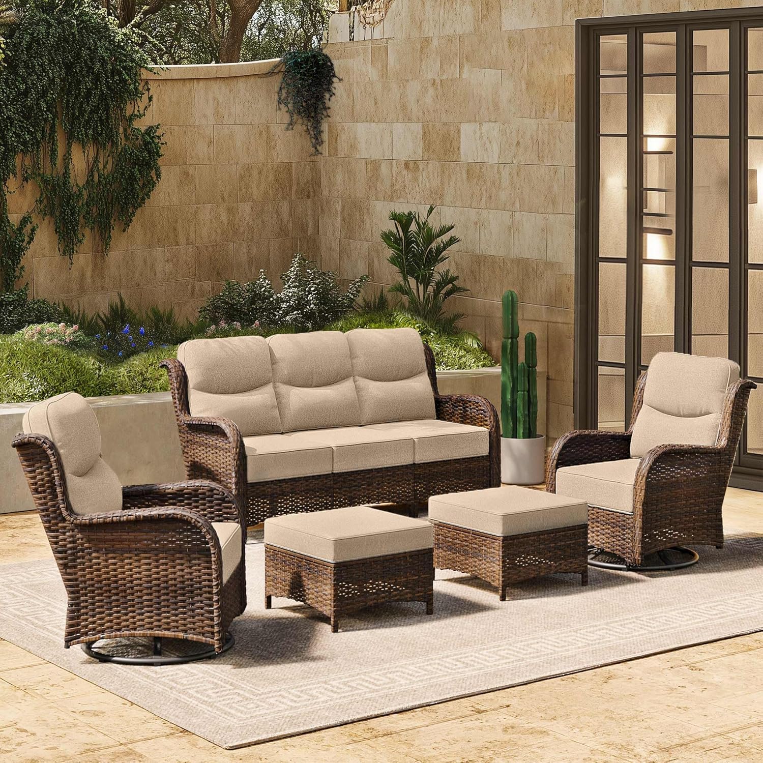 Luxury Outdoor 5-Pieces High Back Patio Furniture Set with 6” Thick Cushions, 3-Seater Sofa with Swivel Rocker Chairs and Ottomans, Ideal for Porch, Poolside, Deck, and Yard (Beige)