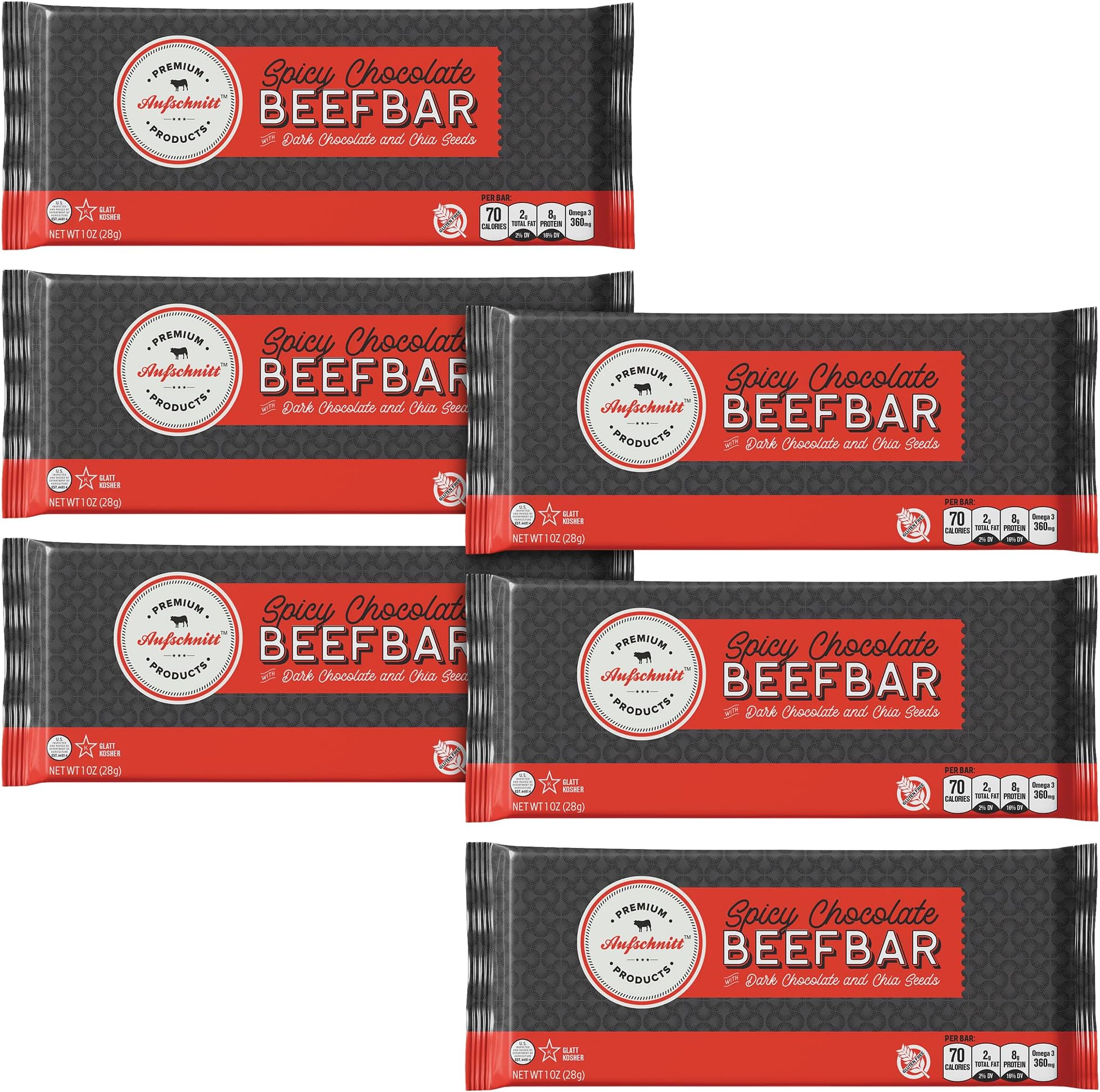 Aufschnitt Beef Bars - High Protein Snack with Grass Fed Beef - Kosher, and Keto Friendly - Dark Chocolate and Chia Seeds, 6 Count
