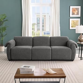 93" Modern Chenille 3-Seater Sofa, Fashionable Modular Comfy Sofa Couch with Iron Pedestal and Removable Seat Cushions, Sectional Couches Grey, 3 Seater