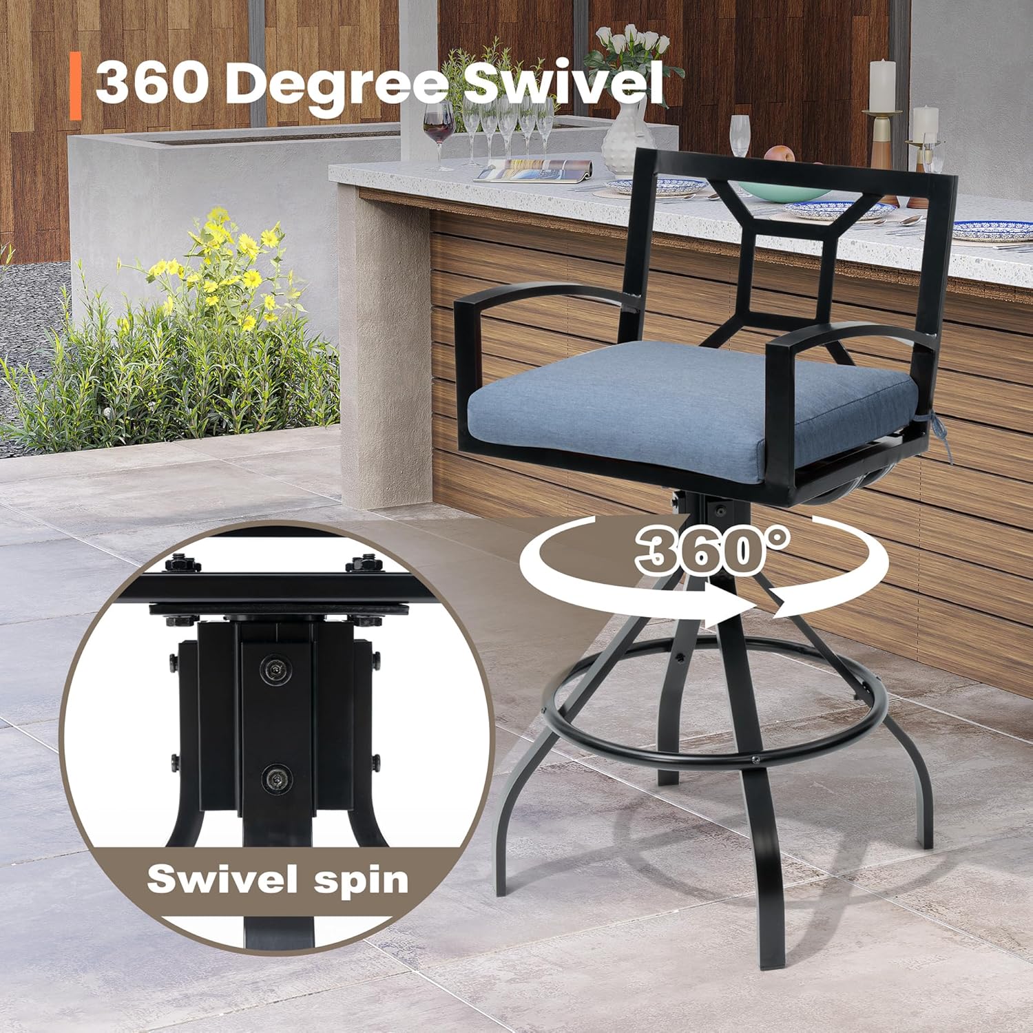 Pellebant Outdoor Swivel Bar Stools with Cushion, Aluminum Bar Height Bar Stools Set, All-Weather Patio Stool & Chairs for Patio, Lawn, Spectrum Denim, 2PC