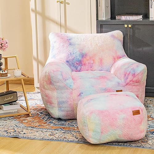 Miniatura 11 de Silla de Puf con Otomana, Sillas de Puf con Reposobrazos y Relleno, Silla de Puf Ultra Suave y Esponjosa de Pelo Sintético con Reposapiés, Sofá