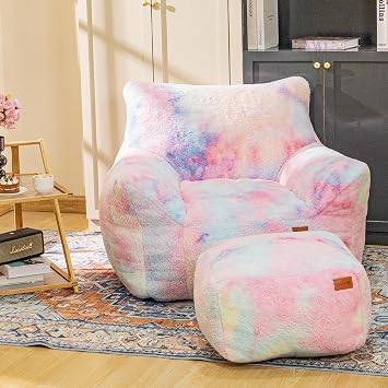 Cvortll Bean Bag Chair, Sherpa Accent Beanbag Chair and Ottoman Set, Fur Faux Bean Bag Chair with Memory Foam Filled, Lazy Sofa Comfy Cozy BeanBag Chair for Dorm, Apartment, Living Room Colorful