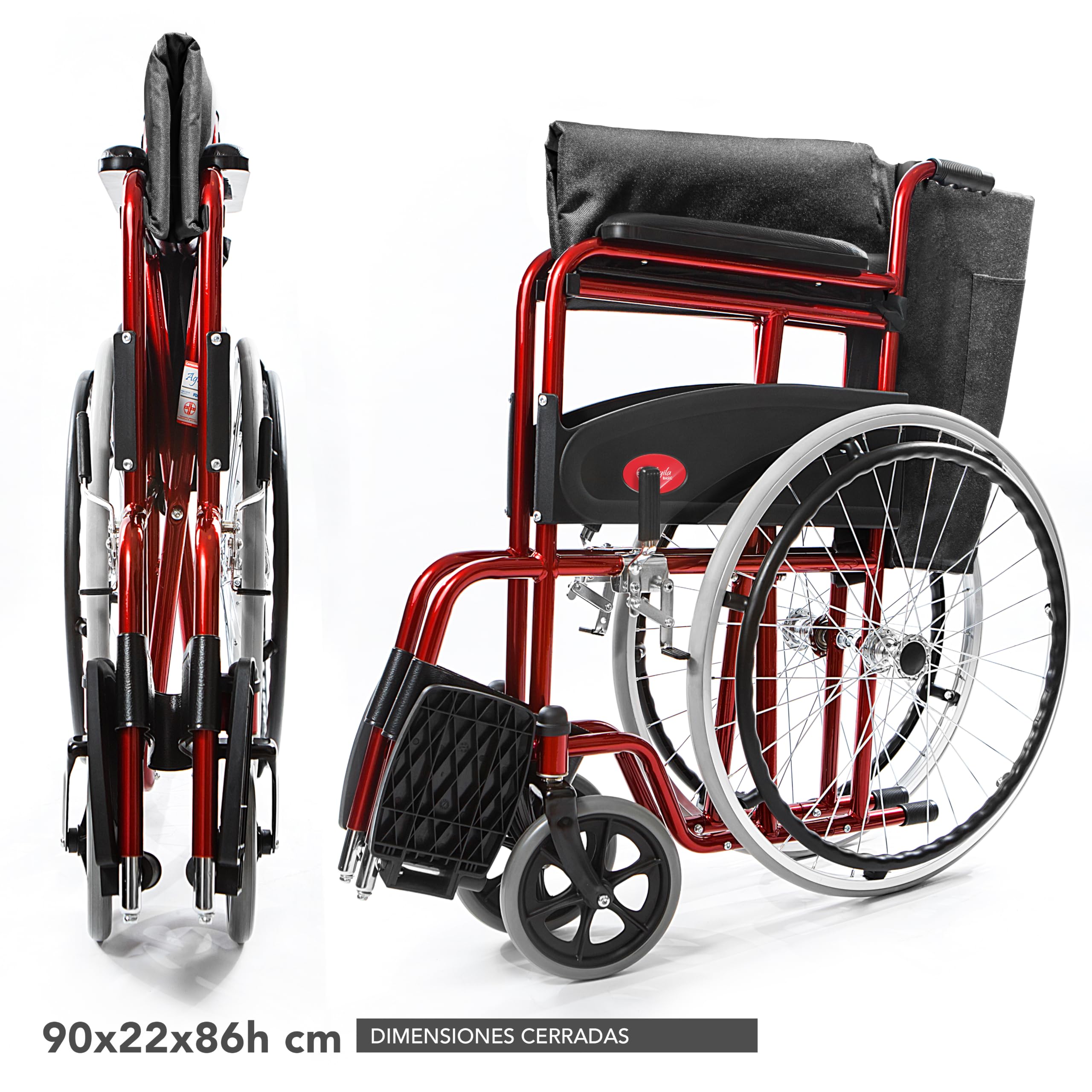 AIESI® Silla de Ruedas plegable ligera de autopropulsión para discapacitados y mayores AGILA BASIC, Reposabrazos y Reposapiés fijos, Cinturon de seguridad, Garantía de 24 meses