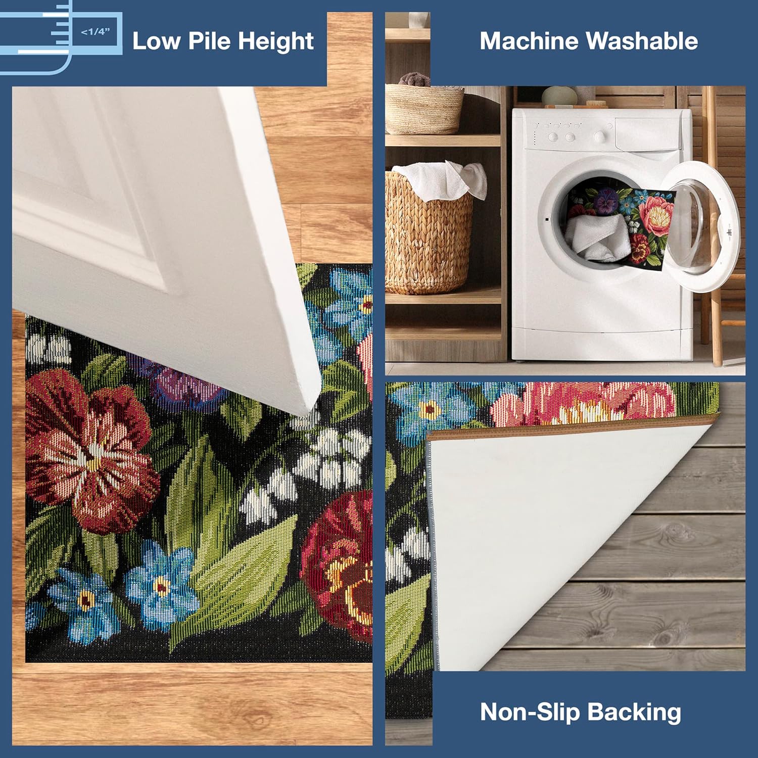 Liora Manne Esencia Machine Washable Non-Slip Low Profile Indoor/Outdoor Mat-Transitional, Garden, Floral, Botanical, Secret Garden Black 2'5" x 3'11"