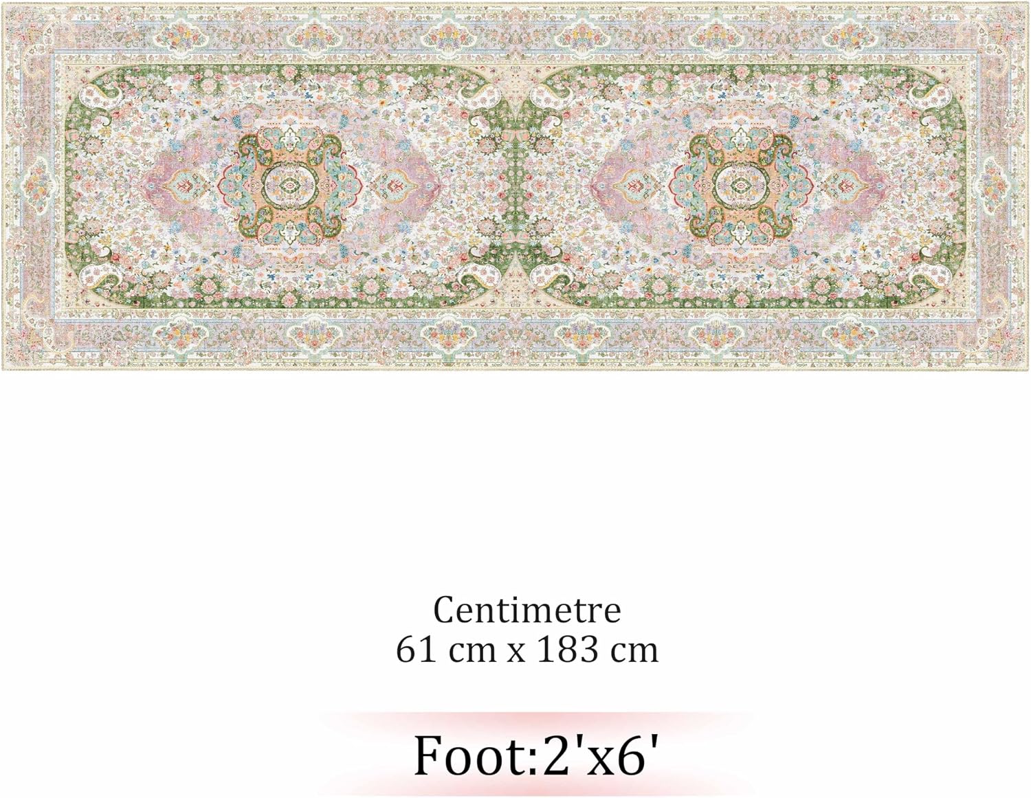 Washable Runner Rug 2x6,Pink Rug Runners Non Slip,Long Boho Rugs for Hallways Kitchen Bedroom Entryway Living Room Bathroom,Vintage Bohemian Distressed Floor Carpet,Blush Green