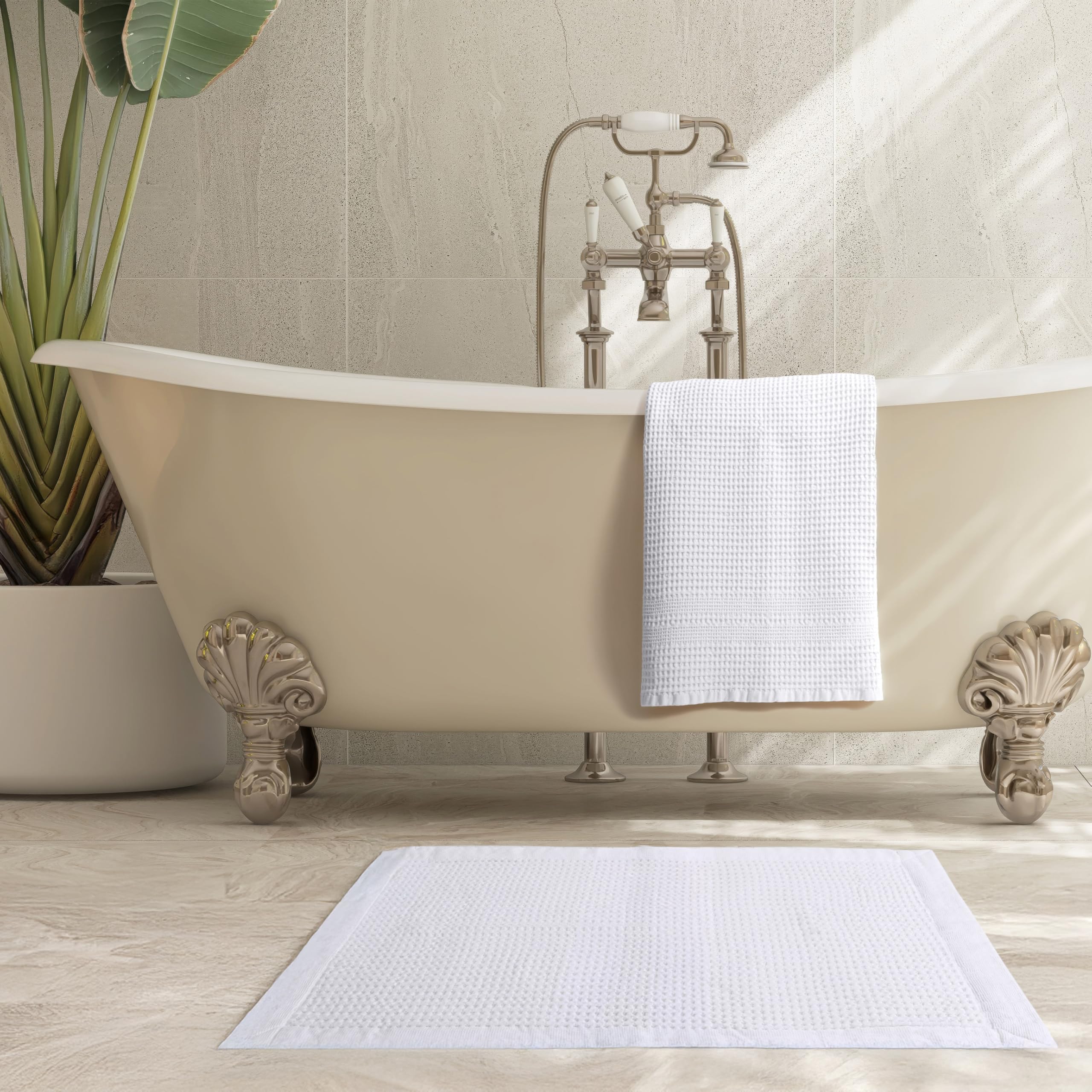 GILDEN TREE Classic Bath Towel Set of 2 (White) + Waffle Bath Mat (White) Bundle