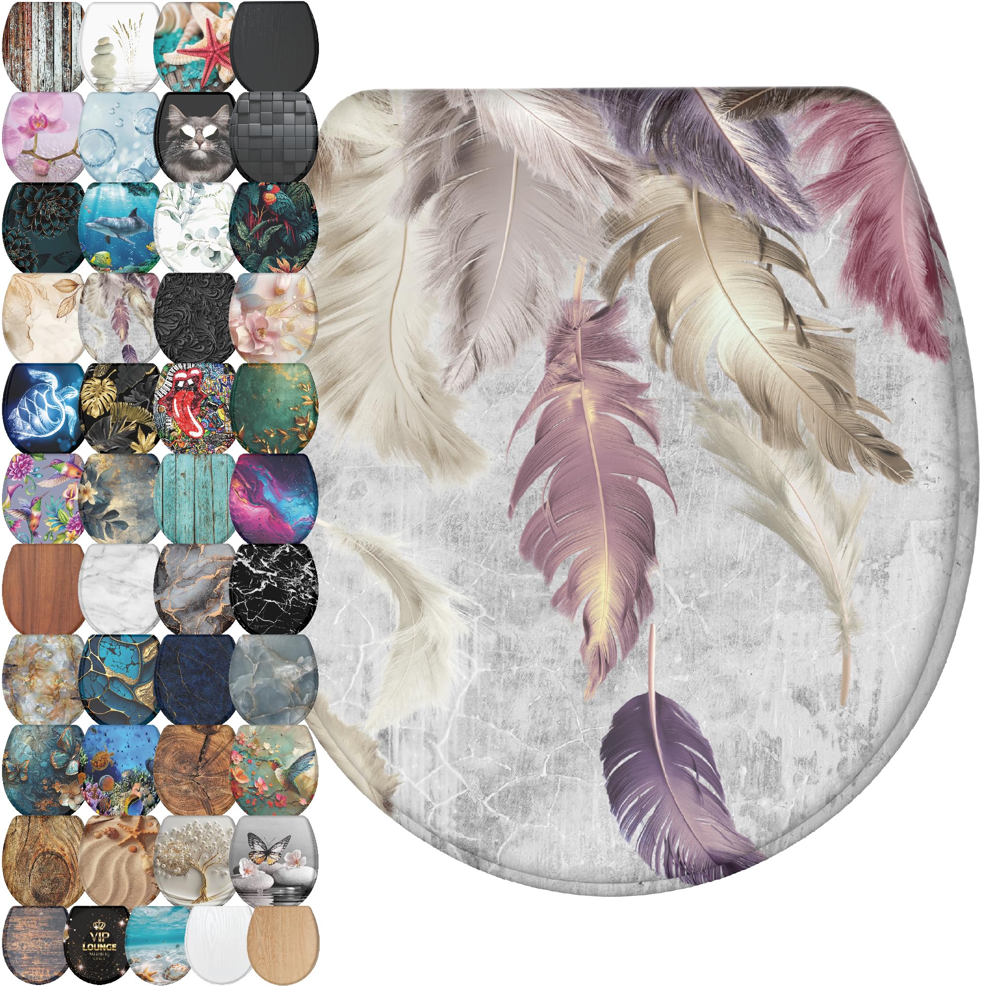 Sanilo Wooden Toilet Seat with Quick Release &amp; Soft Close [ROUND] - Decorative &amp; Slow Close Molded Wood Seat - With One Click for Easy Installation &amp; Cleaning - With Adjustable Fit (Feathers)