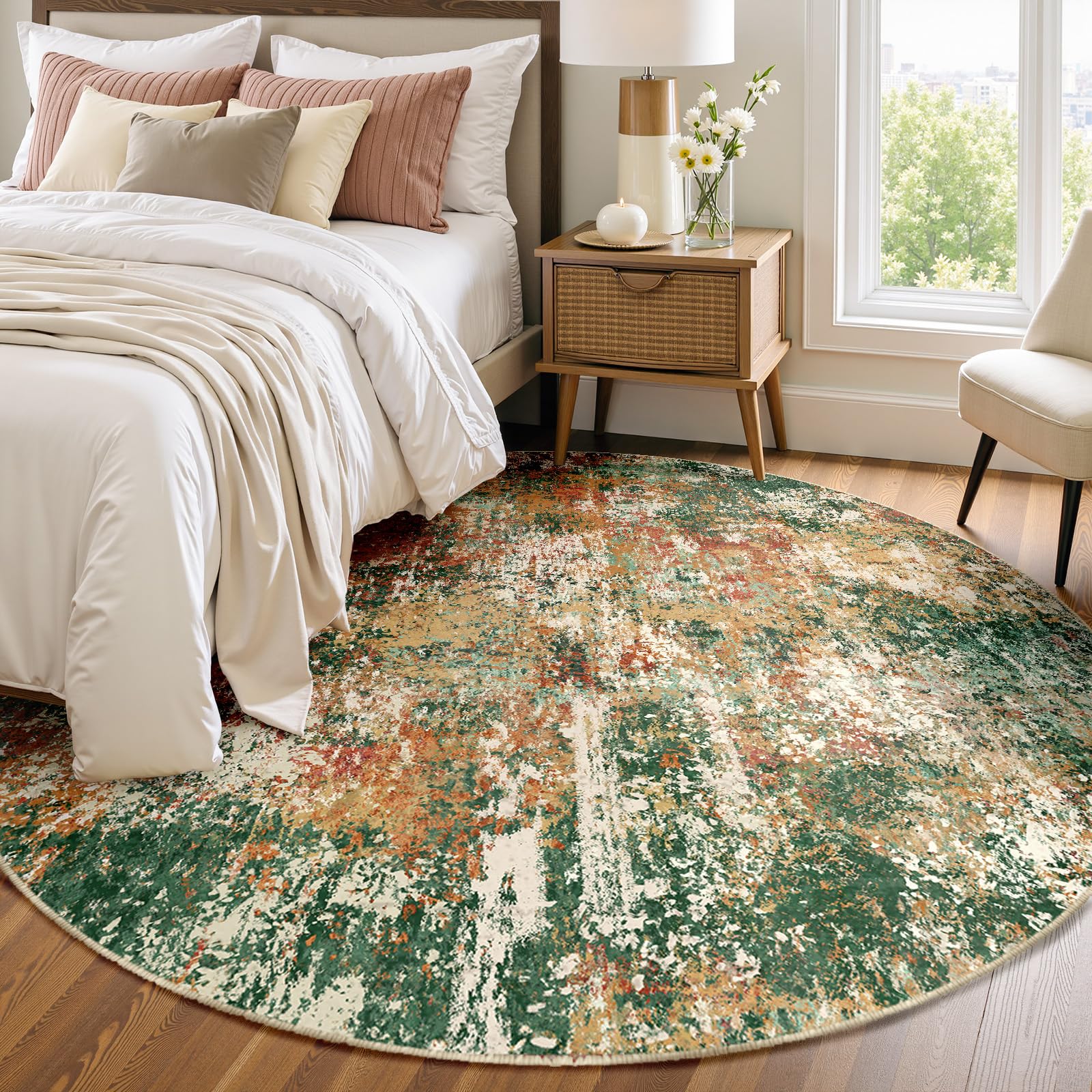 Photo 1 of RELEANY Washable Area Rugs 6ft Non-Slip Modern Abstract Soft for Living Room Entryway Bedroom Nursery, Print Pattern, Green Orange Rust Red Cream Colorful