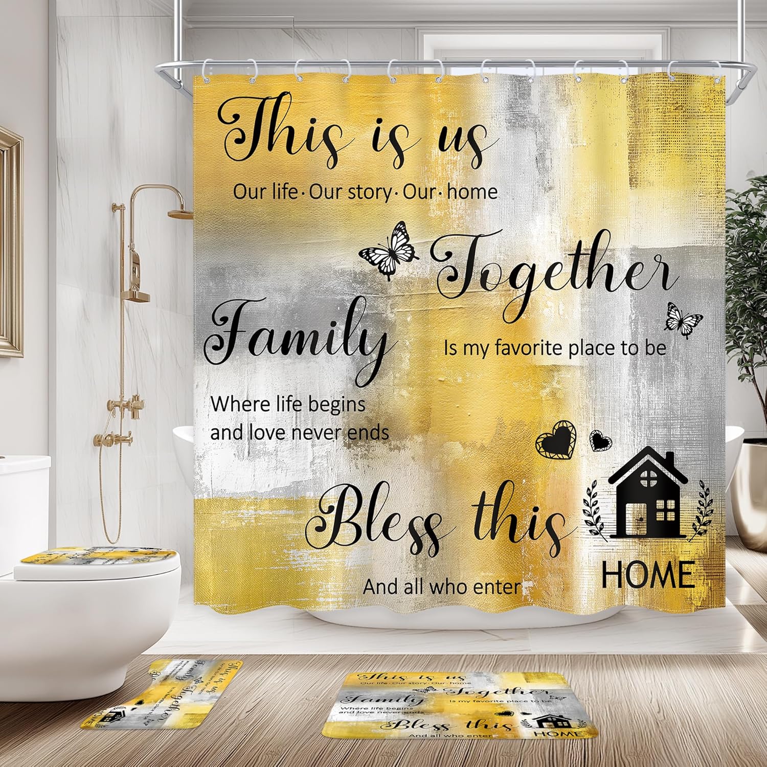 4 PCS Abstract Yellow Grey Bathroom Set with Shower Curtain and Rugs 72Wx72H Inch Modern Minimalist Non-Slip Bath Rug Toilet Lid Cover and U Shape Mat Accessories 12 Hooks Bathoom Decor