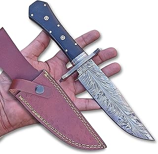 Damascus Hunting Knife with Sheah - Feather Damascus Bowie Knife Full Tang - Damascus Fixed Blade Knife with Sheath, Coffin Handle 3819 - JNR Traders