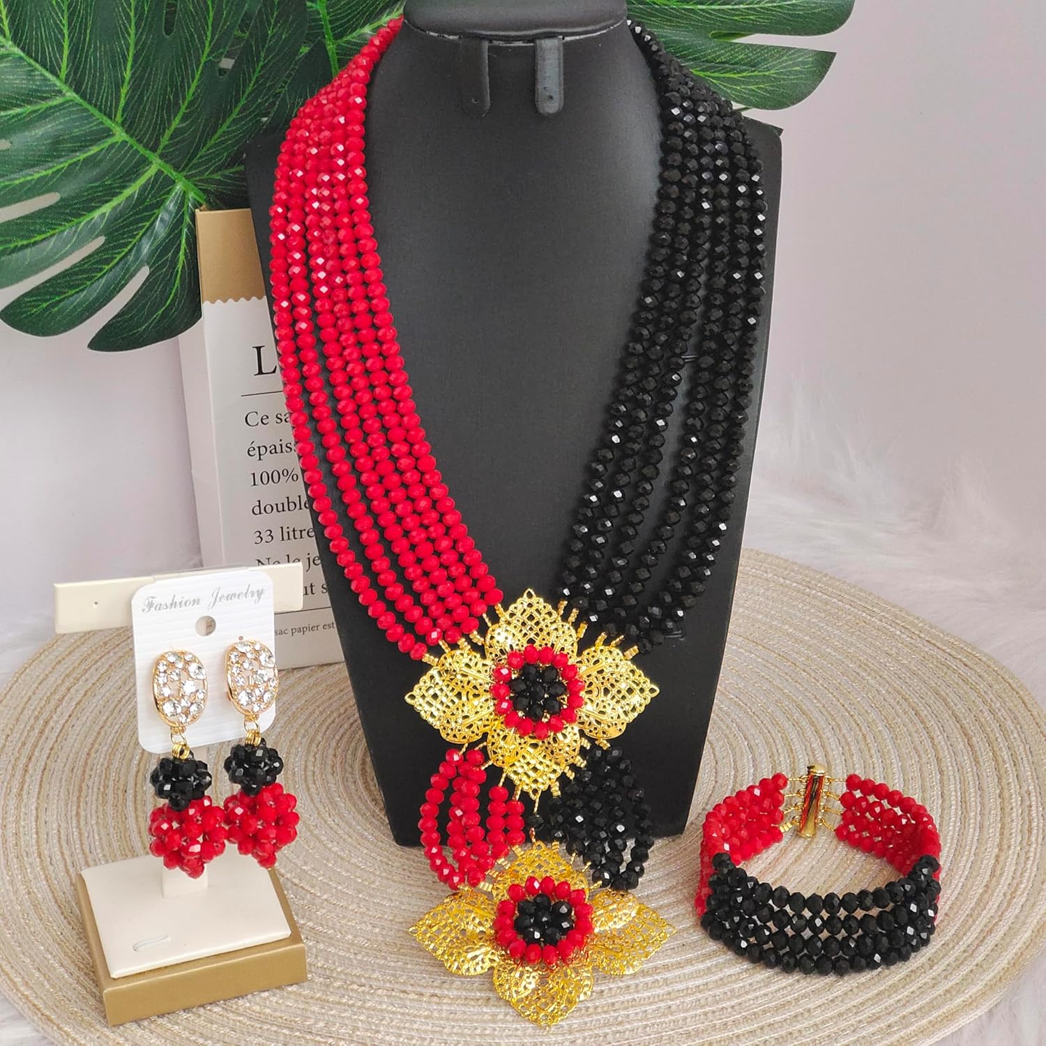Fashion African Bead Necklace Nigerian Beads Wedding Jewelry Sets for Women (Opaque Red Black) - Image 2